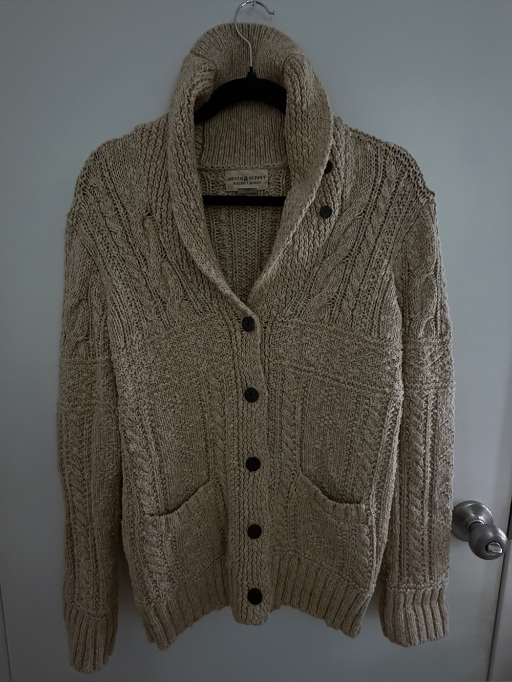 Denim & Supply Ralph Lauren Cream Shawl Collar Cable Knit Cardigan